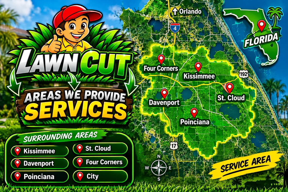 Map of Lawn Cut service areas around Kissimmee, Davenport, Poinciana, St. Cloud and Four Corners in Florida