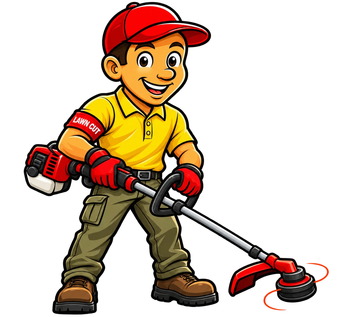 Lawn Cut crew member with a string trimmer